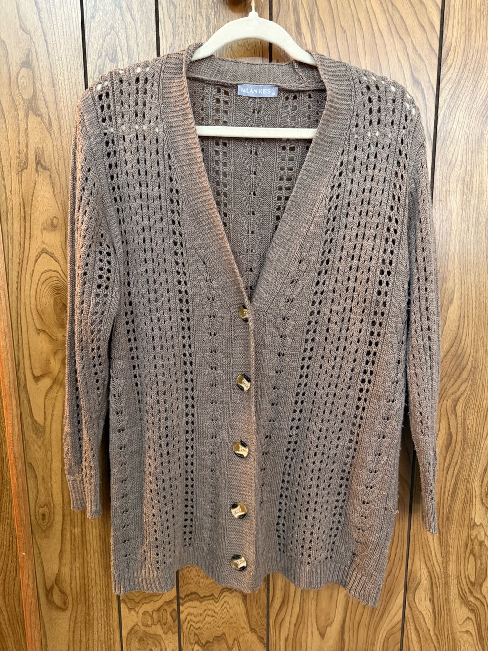 Milan Kiss Women’s Medium Brown Open Knit Longline Button Front Cardigan Sweater